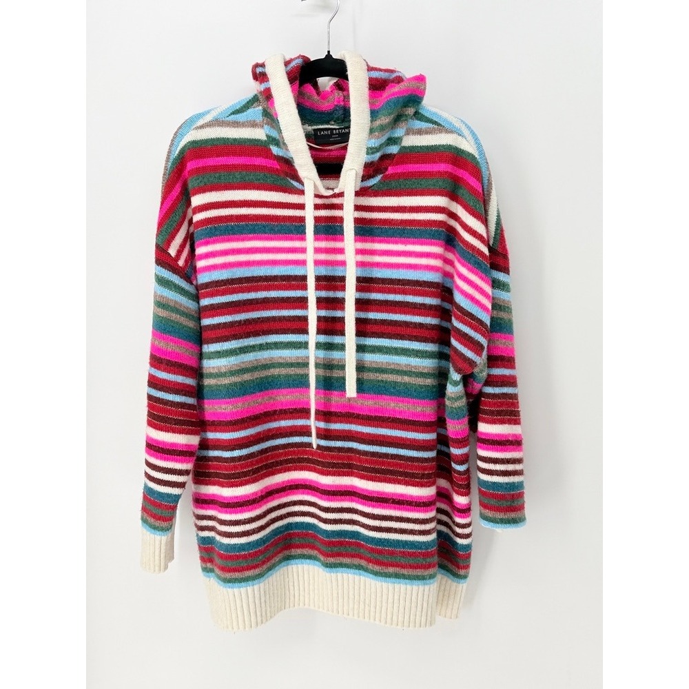 Lane Bryant Retro Striped Chunky Knit Hoodie Sweater Size 22 Holiday Cozy Colorf